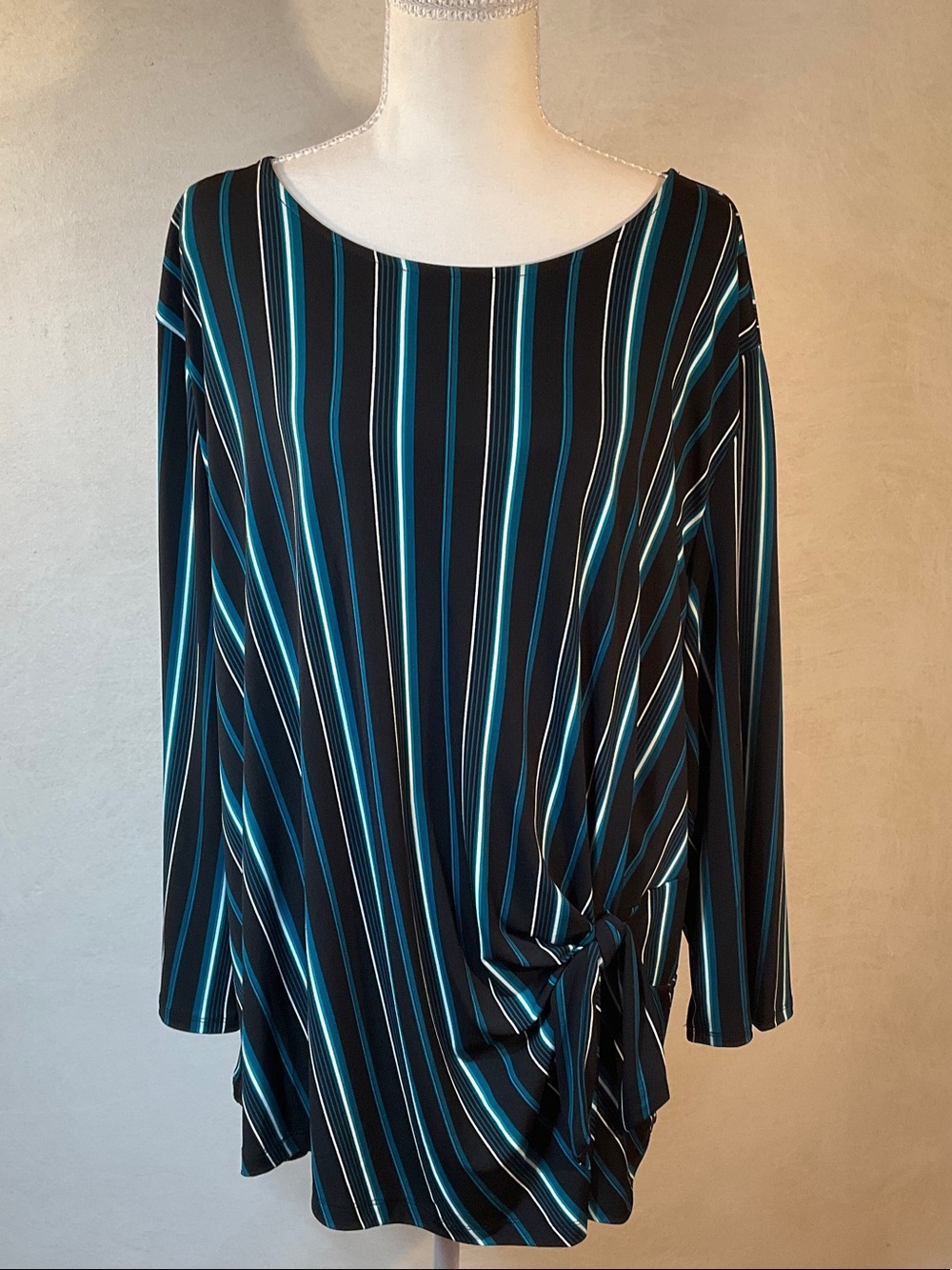 Liz Claiborne Black Top with Teal & White Stripes and Side Knot